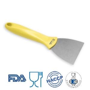 IGX1124Y-Scraper / Racleta cu lama din otel inoxidabil, 75 mm, cu maner galben din plastic, rezistent pana la 121° C, pentru industria alimentara, certificata HACCP, FDA