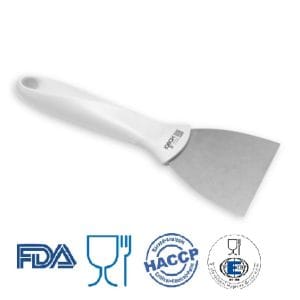 IGX1124W-Scraper / Racleta cu lama din otel inoxidabil, 75 mm, cu maner alb din plastic, rezistent pana la 121° C, pentru industria alimentara, certificata HACCP, FDA