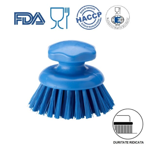 Perie rotunda cu maner ergonomic, IGEAX 1012, duritate mare, albastru, pentru curatarea suprafetelor curbate neuniforme, industria alimentara, HACCP, FDA