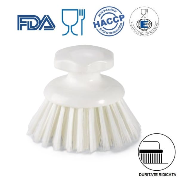 Perie rotunda cu maner ergonomic, IGEAX 1012, duritate mare, alba, pentru curatarea suprafetelor curbate neuniforme, industria alimentara, HACCP, FDA