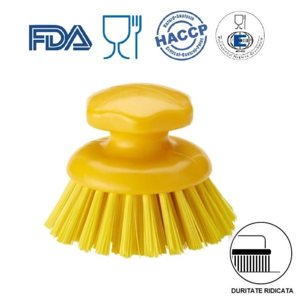 Perie rotunda cu maner ergonomic, IGEAX 1012, duritate mare, galben, pentru curatarea suprafetelor curbate neuniforme, industria alimentara, HACCP, FDA