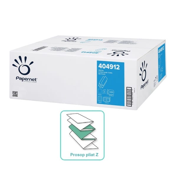 Prosoape de hartie pliate Z, Papernet 404912, natur, 20.3 x 24 cm, 2 straturi, hartie reciclata, certificate Ecolabel, Blue Angel, 200 servetele / pachet, 20 pachete / bax, compatibil cu dispensere H2