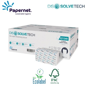 Prosoape de hartie pliate V, Papernet 421349, celuloza alba, Dissolve Tech, 21x17.6 cm, 210 portii/pachet, 15 pachete/bax, certificat FSC, Ecolabel