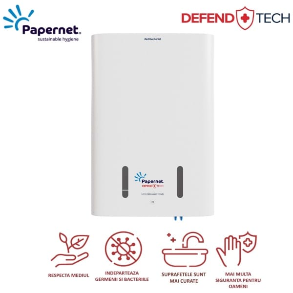 Dispenser HIGHFAST, Defend Tech pentru prosoape de hartie pliate V, plastic alb tratat antibacterian