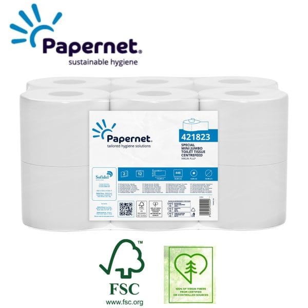 Hartie igienica Mini Jumbo cu derulare centrala, Papernet 421815,alba, 2 straturi, 112 m, 448 portii, latime 10.75 cm, 12 role/bax, certificata FSC