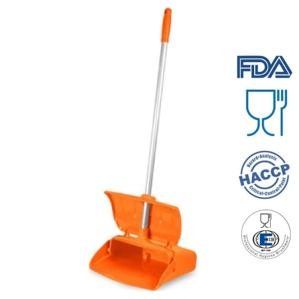 Faras rabatabil cu maner lung 80 cm, tip lobby pan, IGEAX 1082, portocaliu, cu capac, rezistent la 121 °C autoclavare, pentru industria alimentara, certificata HACCP, FDA